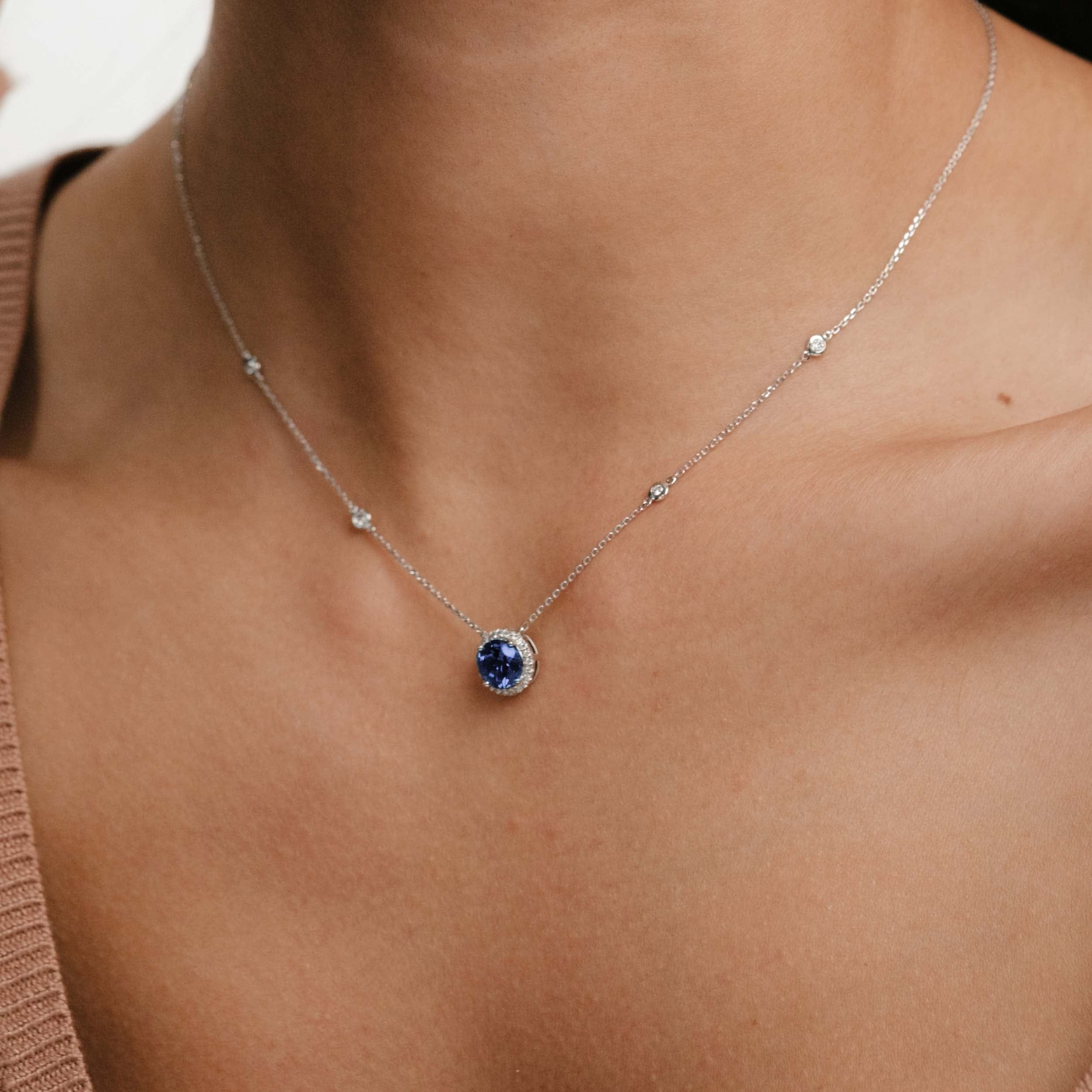Diamond Astra 3.50ct Lab Sapphire and Diamond Halo Round Cut Necklace in Silver