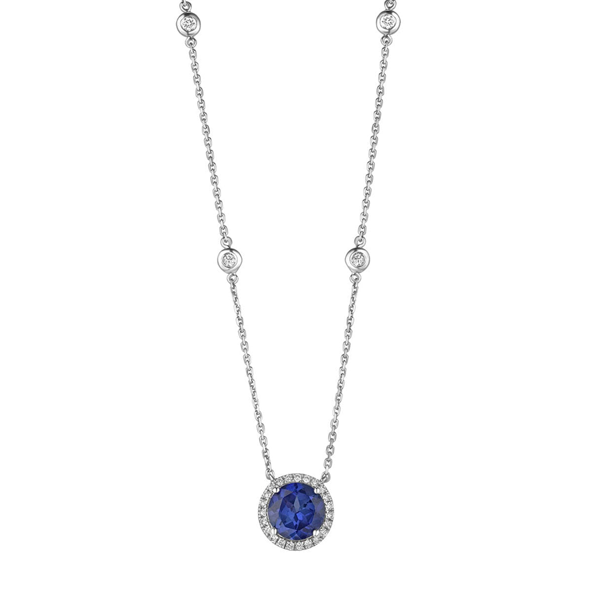 Diamond Astra 3.50ct Lab Sapphire and Diamond Halo Round Cut Necklace in Silver
