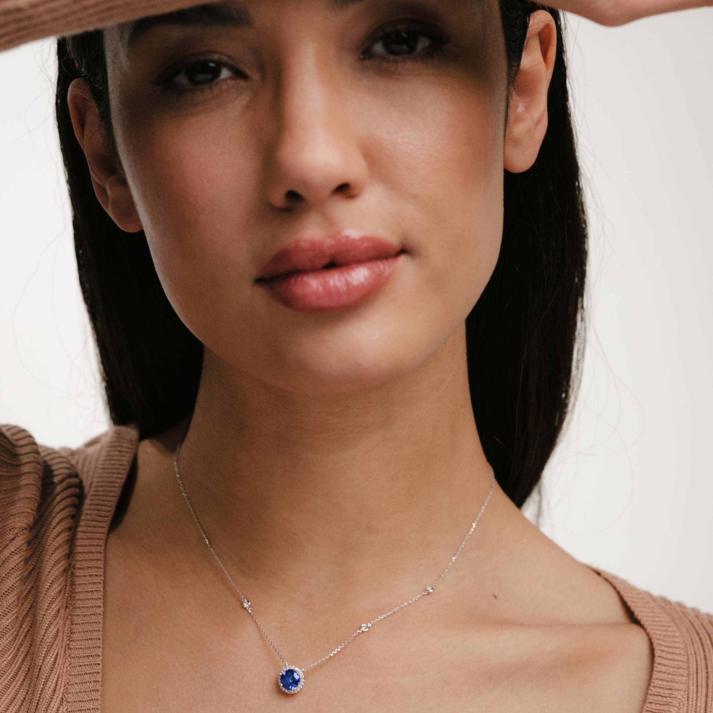 Diamond Astra 3.50ct Lab Sapphire and Diamond Halo Round Cut Necklace in Silver