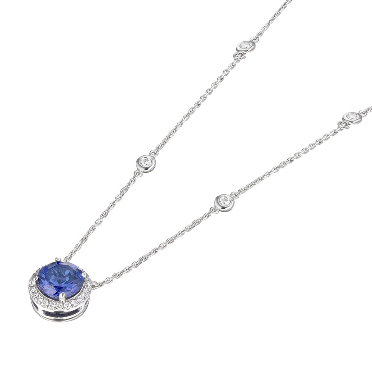 Diamond Astra 3.50ct Lab Sapphire and Diamond Halo Round Cut Necklace in Silver