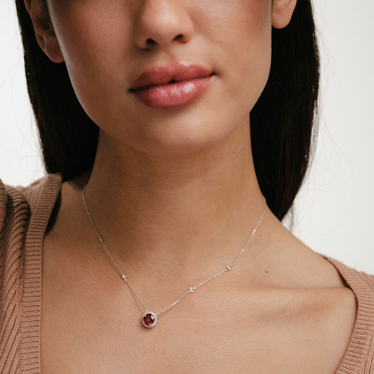Diamond Astra 3.60ct Lab Ruby and Diamond Halo Round Cut Necklace in Silver