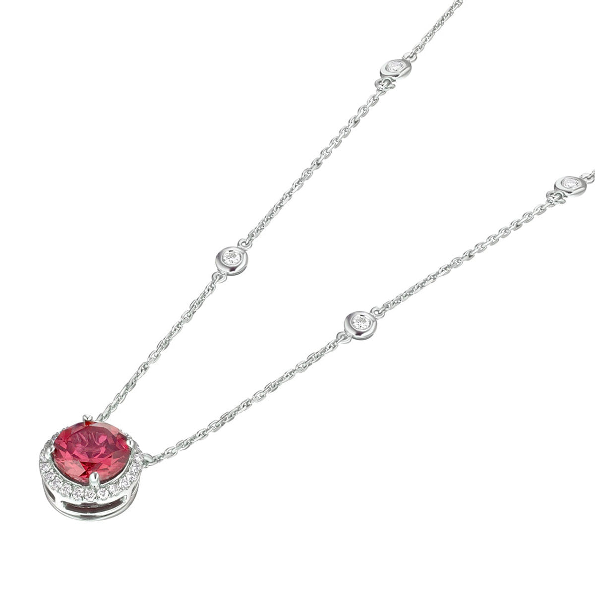 Diamond Astra 3.60ct Lab Ruby and Diamond Halo Round Cut Necklace in Silver