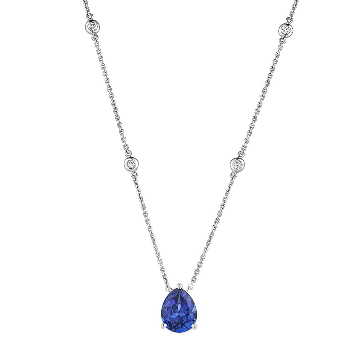 Solitaire Astra 3.20ct Lab Sapphire and Diamond Solitaire Pear Cut Necklace in Silver