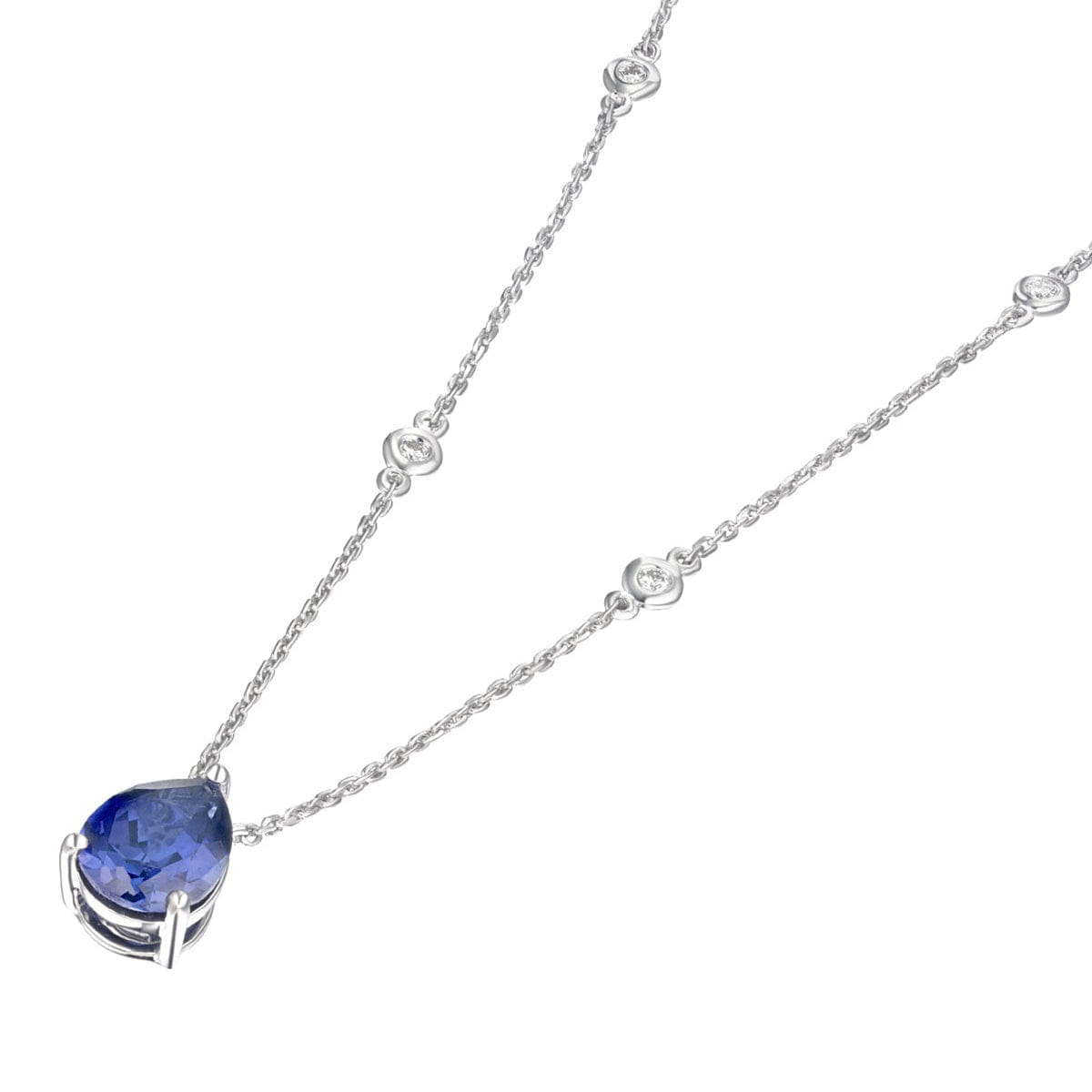 Solitaire Astra 3.20ct Lab Sapphire and Diamond Solitaire Pear Cut Necklace in Silver