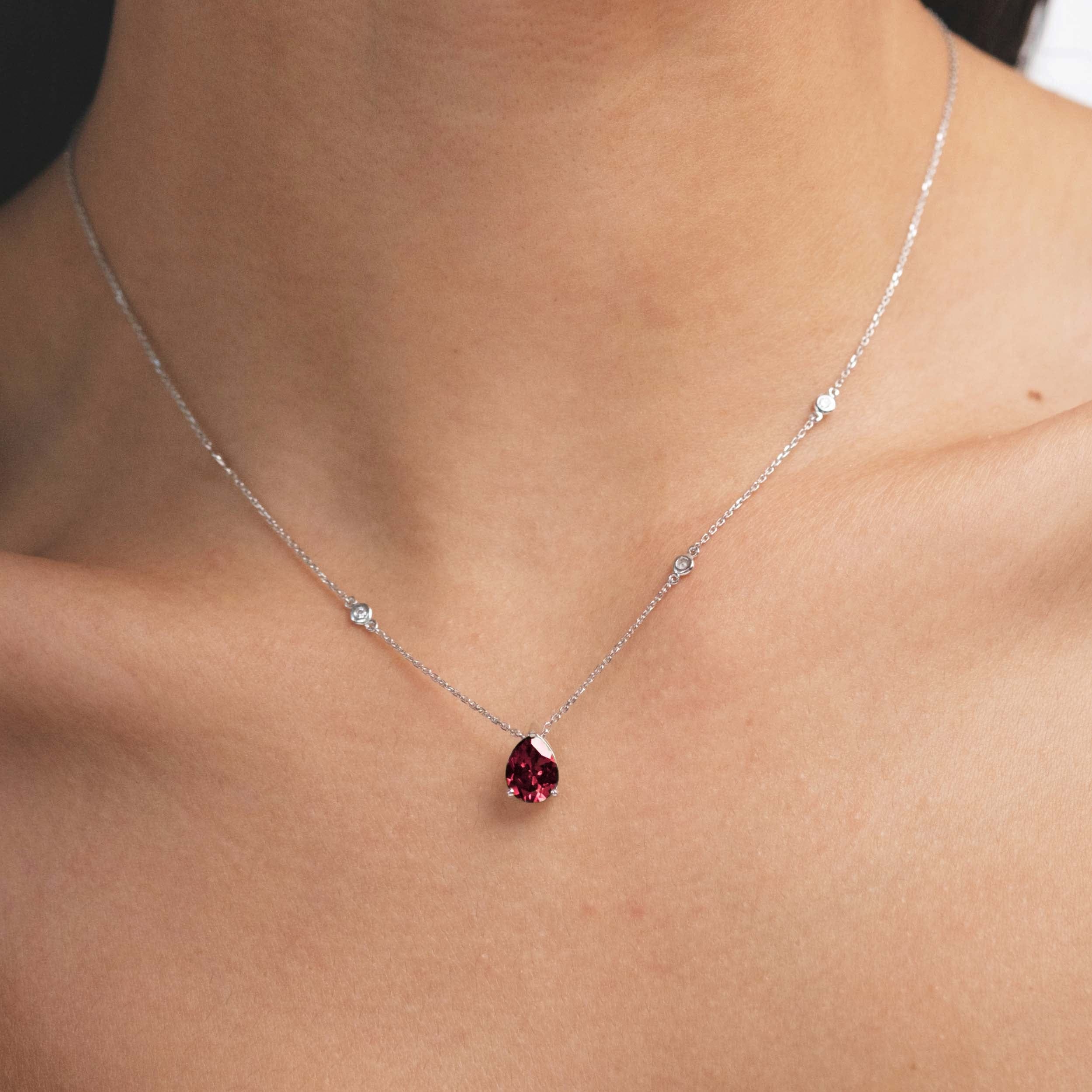 Solitaire Astra 3.50ct Lab Ruby and Diamond Solitaire Pear Cut Necklace in Silver
