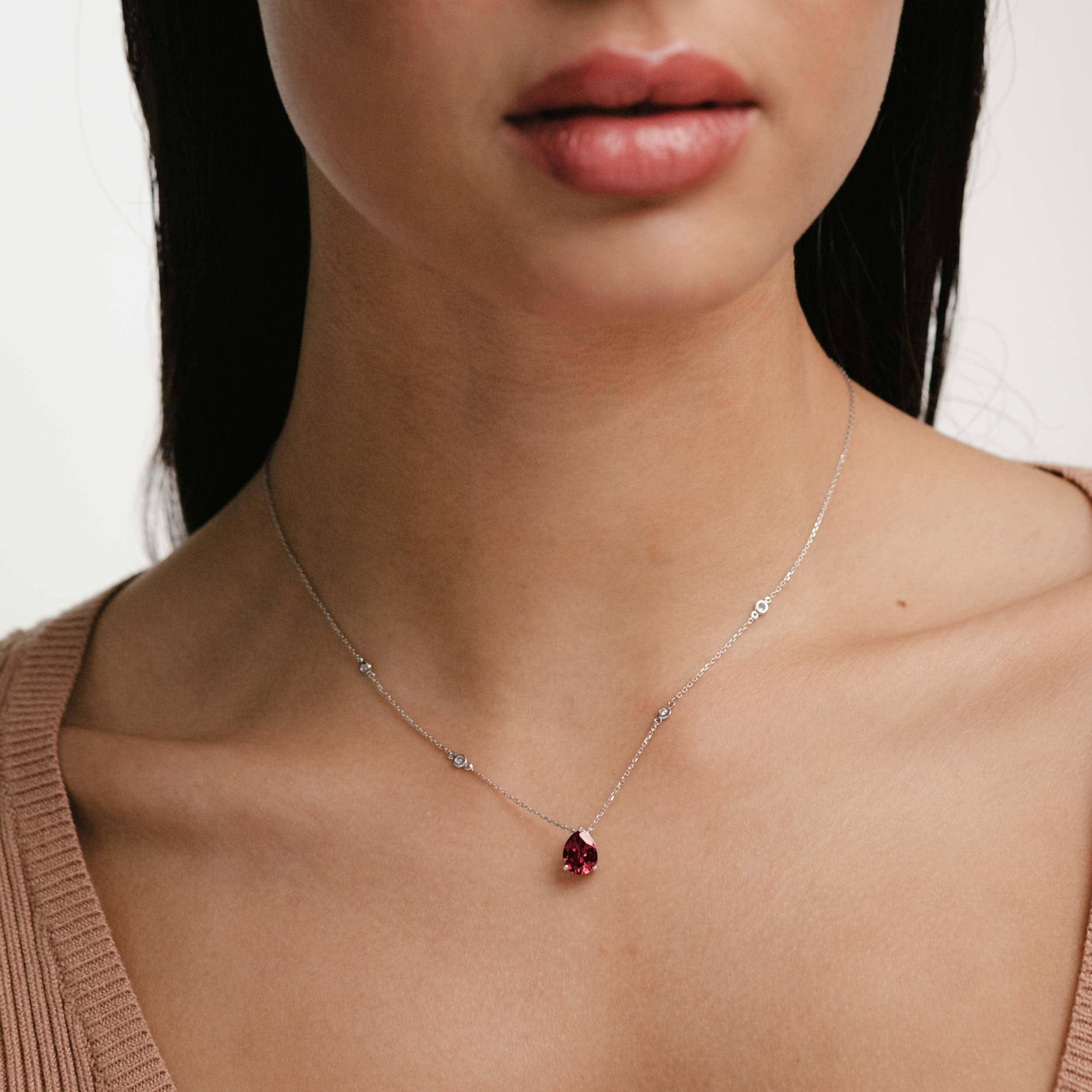 Solitaire Astra 3.50ct Lab Ruby and Diamond Solitaire Pear Cut Necklace in Silver