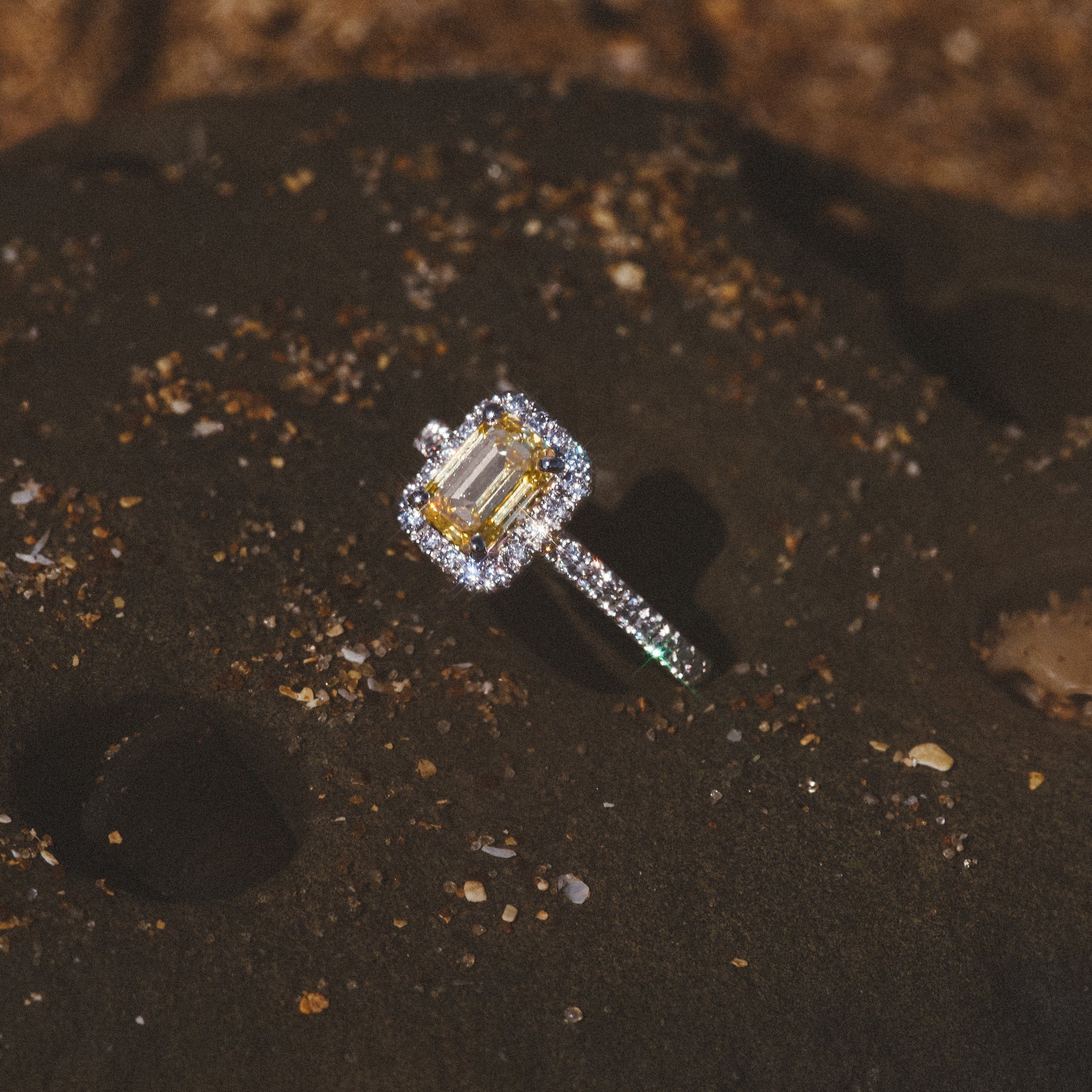Diamond Annabelle Yellow Lab Diamond 1.65ct Emerald Cut Halo Ring in Platinum - Elara Collection