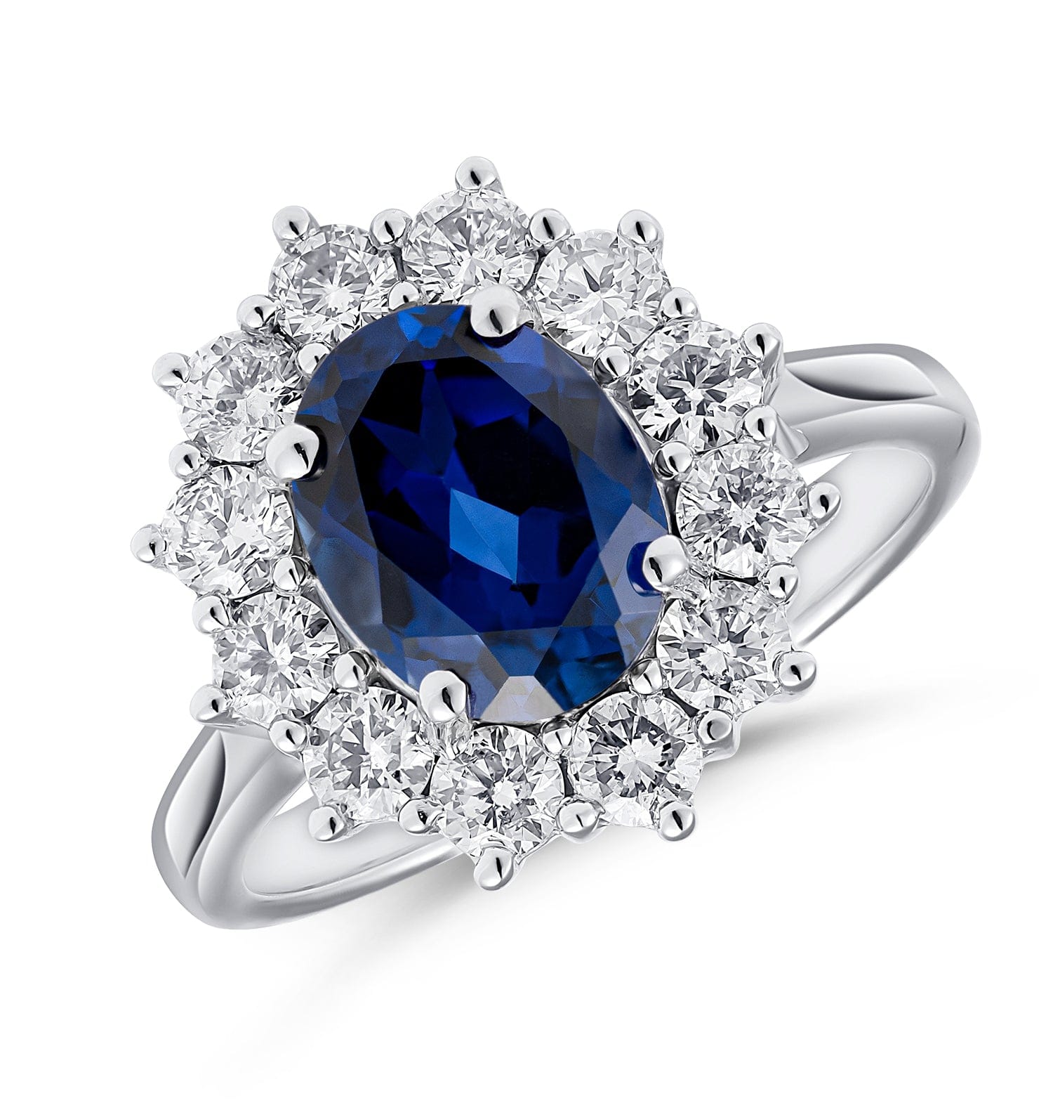 Diamond Lab Sapphire 2.3ct and Lab Diamond 1ct Cluster Ring in 18K White Gold