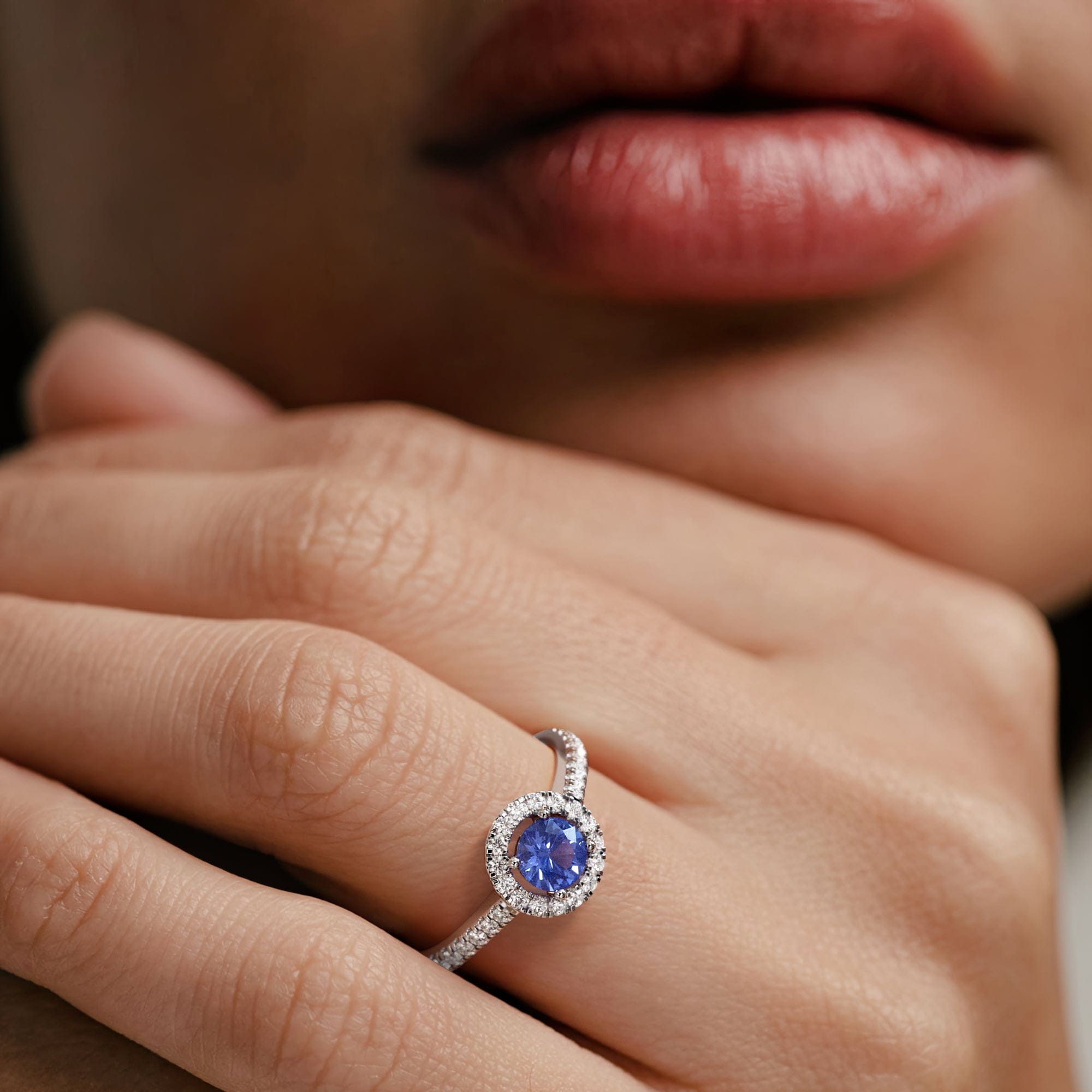 Diamond Halo Tanzanite 8.7 mm And 0.36ct Diamond 18K White Gold Ring