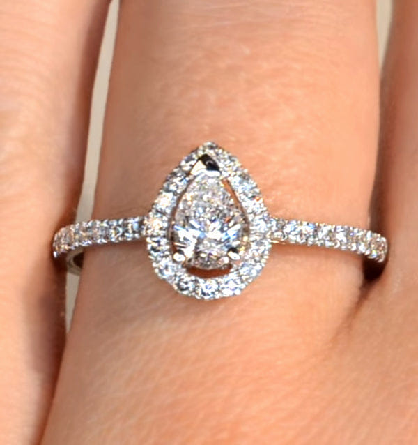 Diamond Halo Engagement Ring Ella 0.81ct VS Pear Shape Diamond 18K White Gold