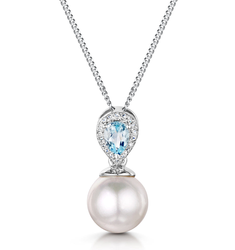 Diamond Pearl and Blue Topaz and Diamond Pendant Necklace in 9K White Gold