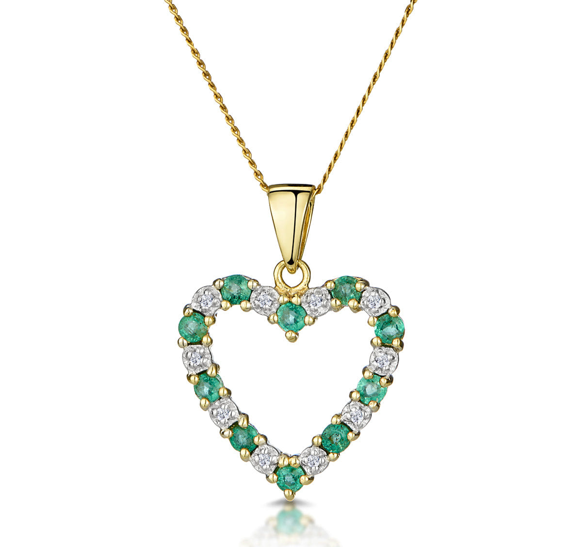 Diamond Emerald 0.54CT And Diamond 9K Yellow Gold Heart Pendant Necklace