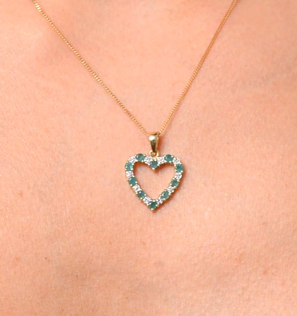 Diamond Emerald 0.54CT And Diamond 9K Yellow Gold Heart Pendant Necklace