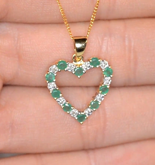 Diamond Emerald 0.54CT And Diamond 9K Yellow Gold Heart Pendant Necklace