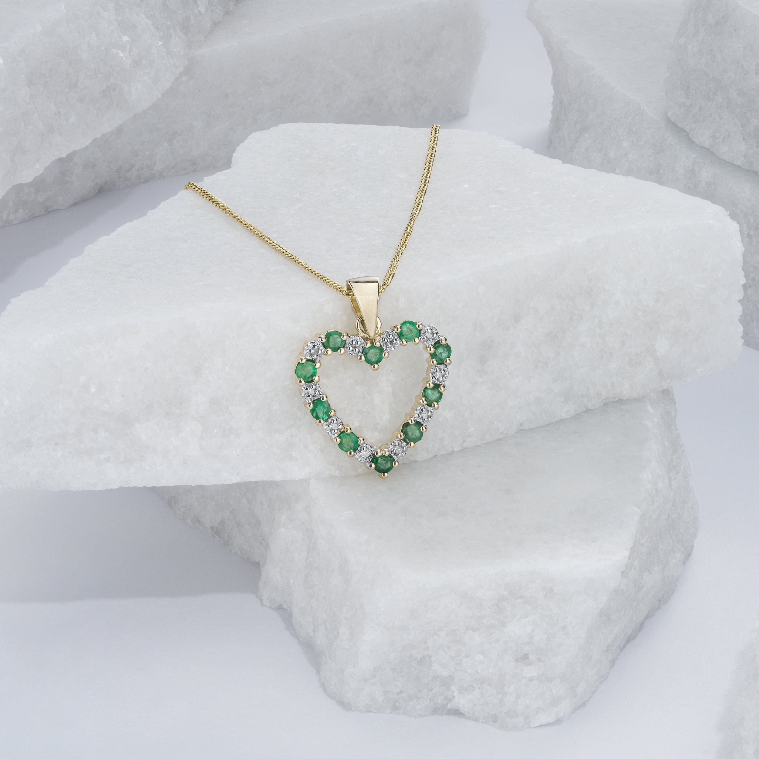 Diamond Emerald 0.54CT And Diamond 9K Yellow Gold Heart Pendant Necklace
