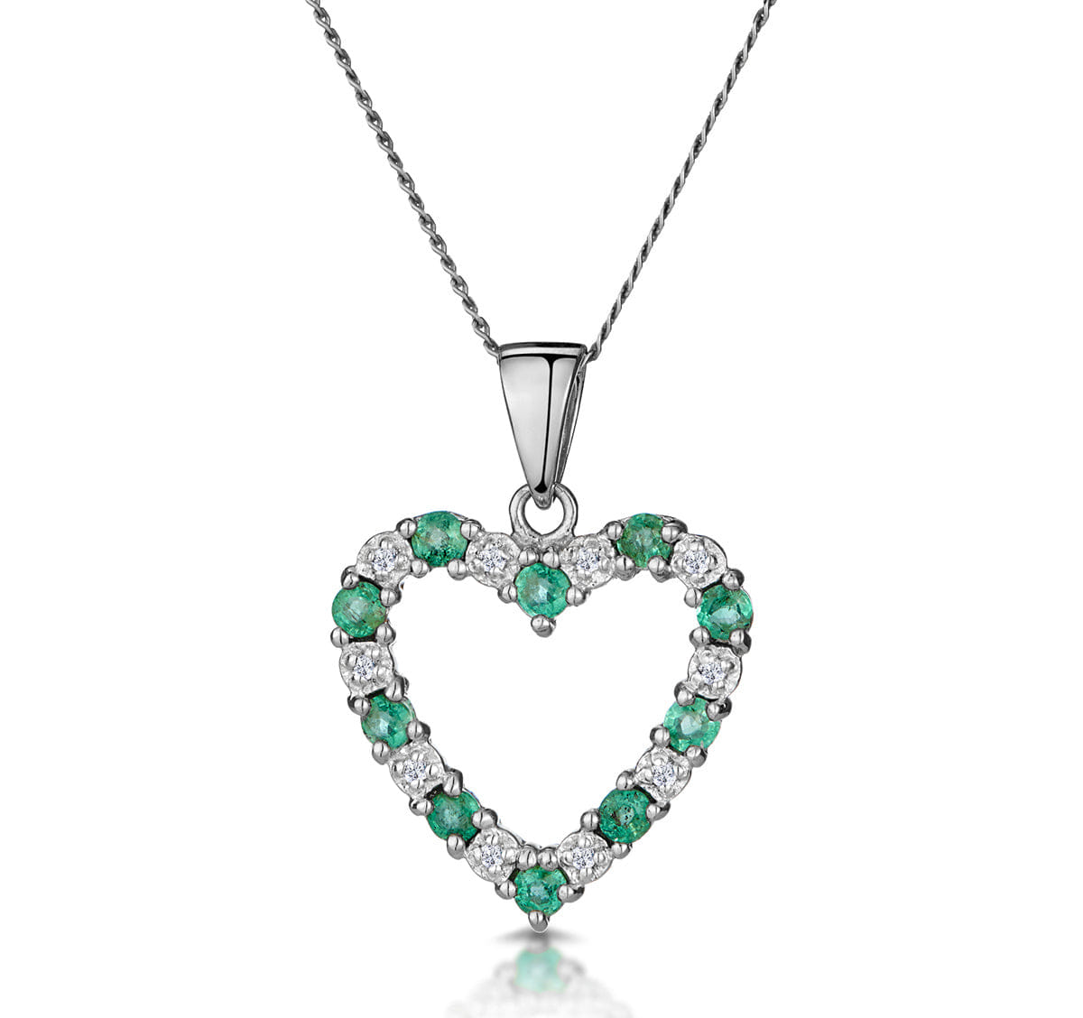 Diamond Emerald 0.54CT And Diamond 9K White Gold Heart Pendant Necklace