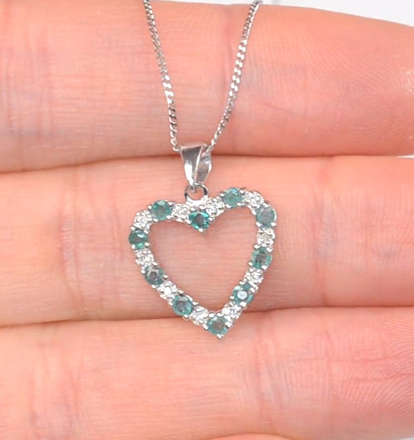 Diamond Emerald 0.54CT And Diamond 9K White Gold Heart Pendant Necklace