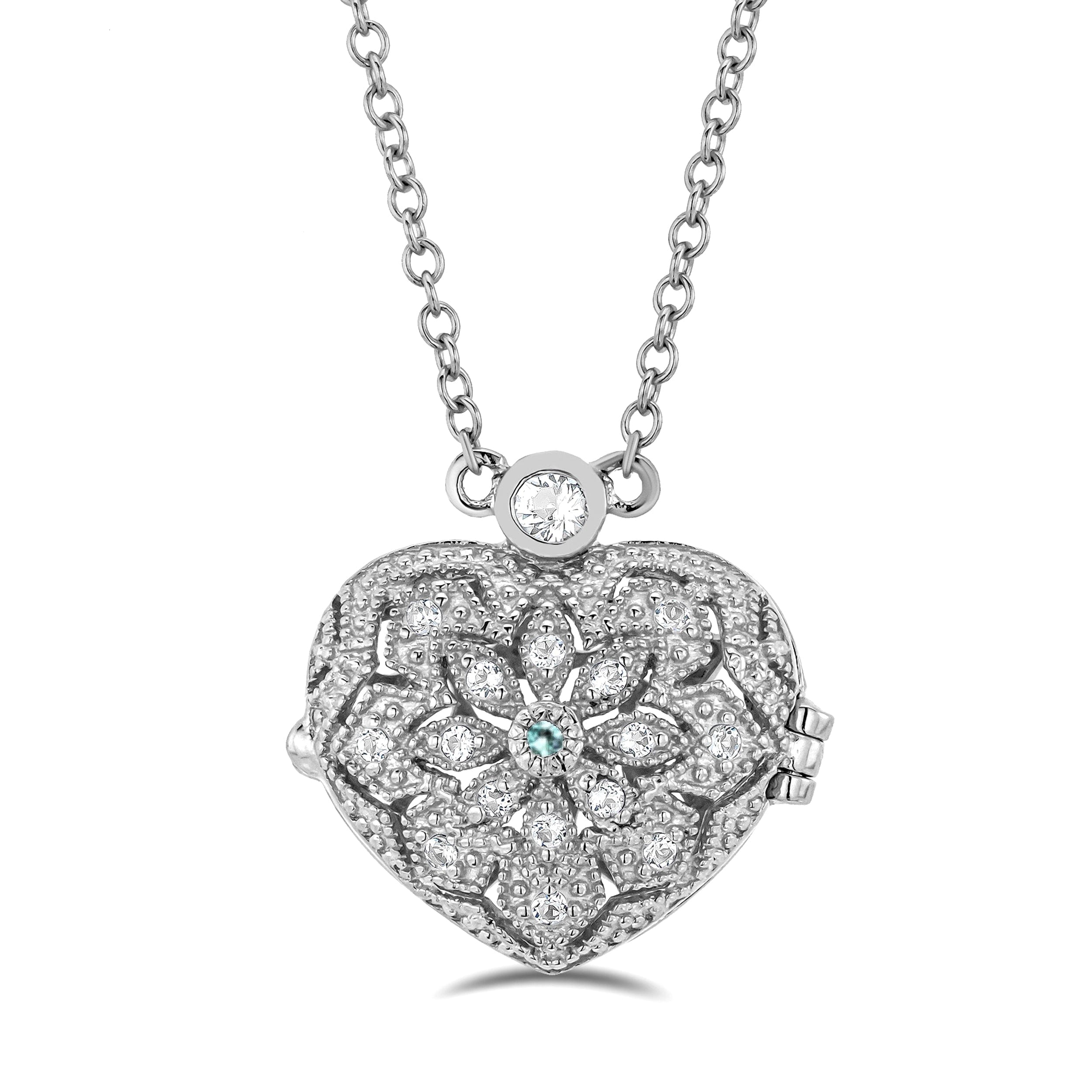 WHITE* Blue and White Topaz November Birthstone Locket Necklace in Silver