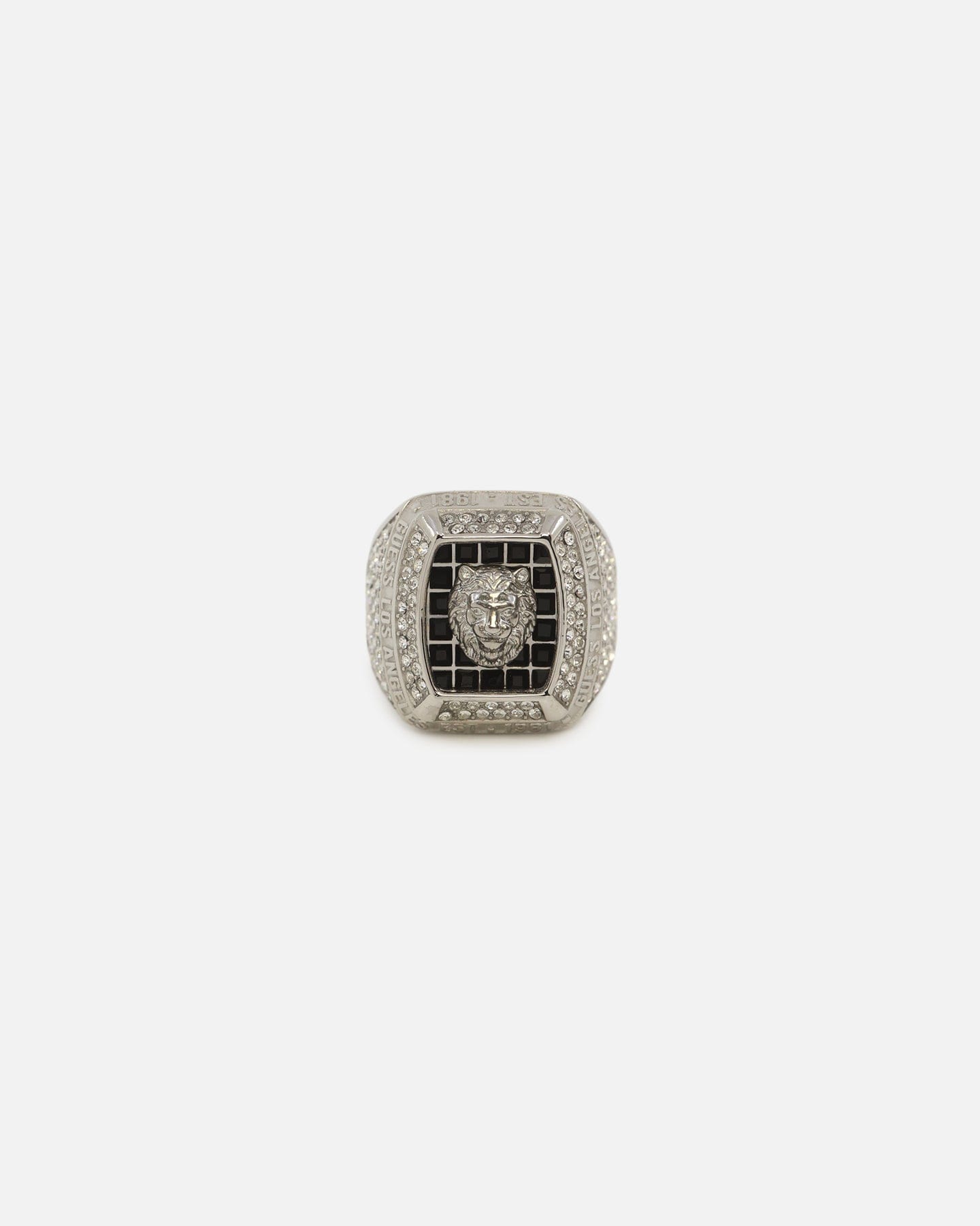 GUESS Mainline 14 mm Lion Pave Signet Ring Silver