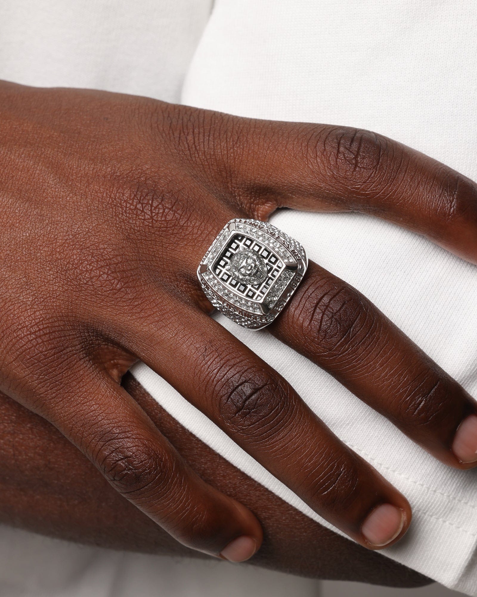 GUESS Mainline 14 mm Lion Pave Signet Ring Silver
