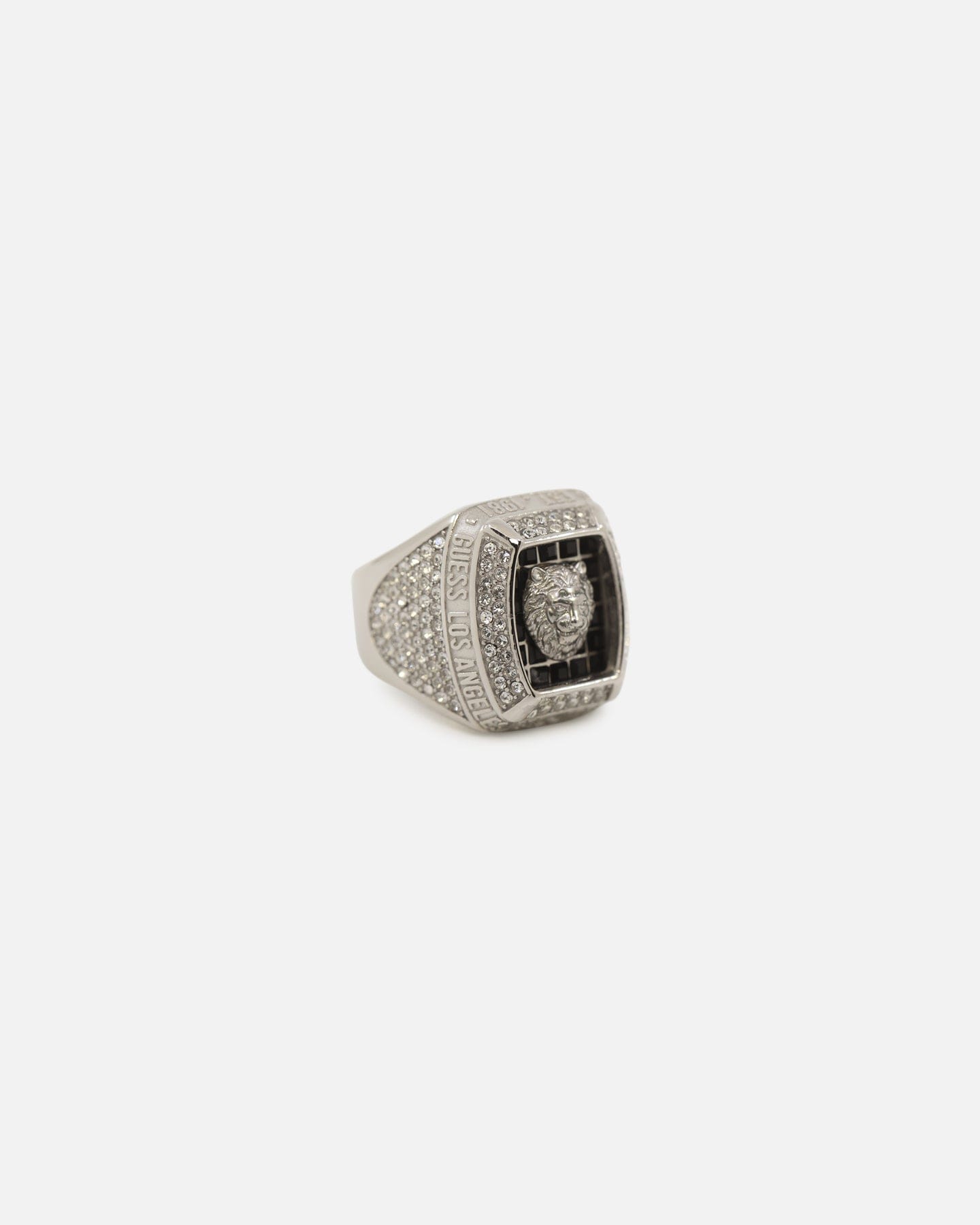GUESS Mainline 14 mm Lion Pave Signet Ring Silver