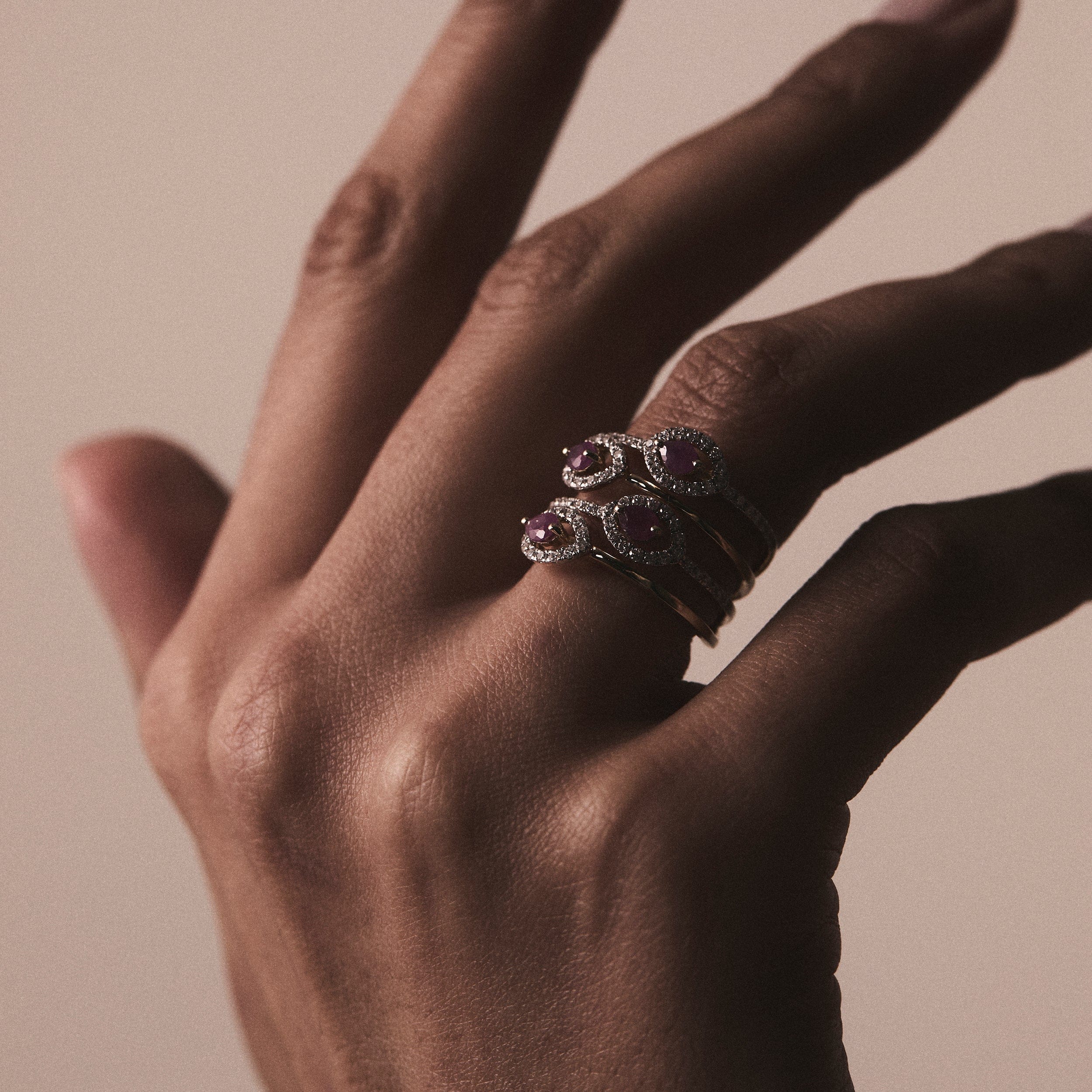 Diamond Ruby and Diamond Halo Statement Ring in 18KW Gold - Asteria Collection