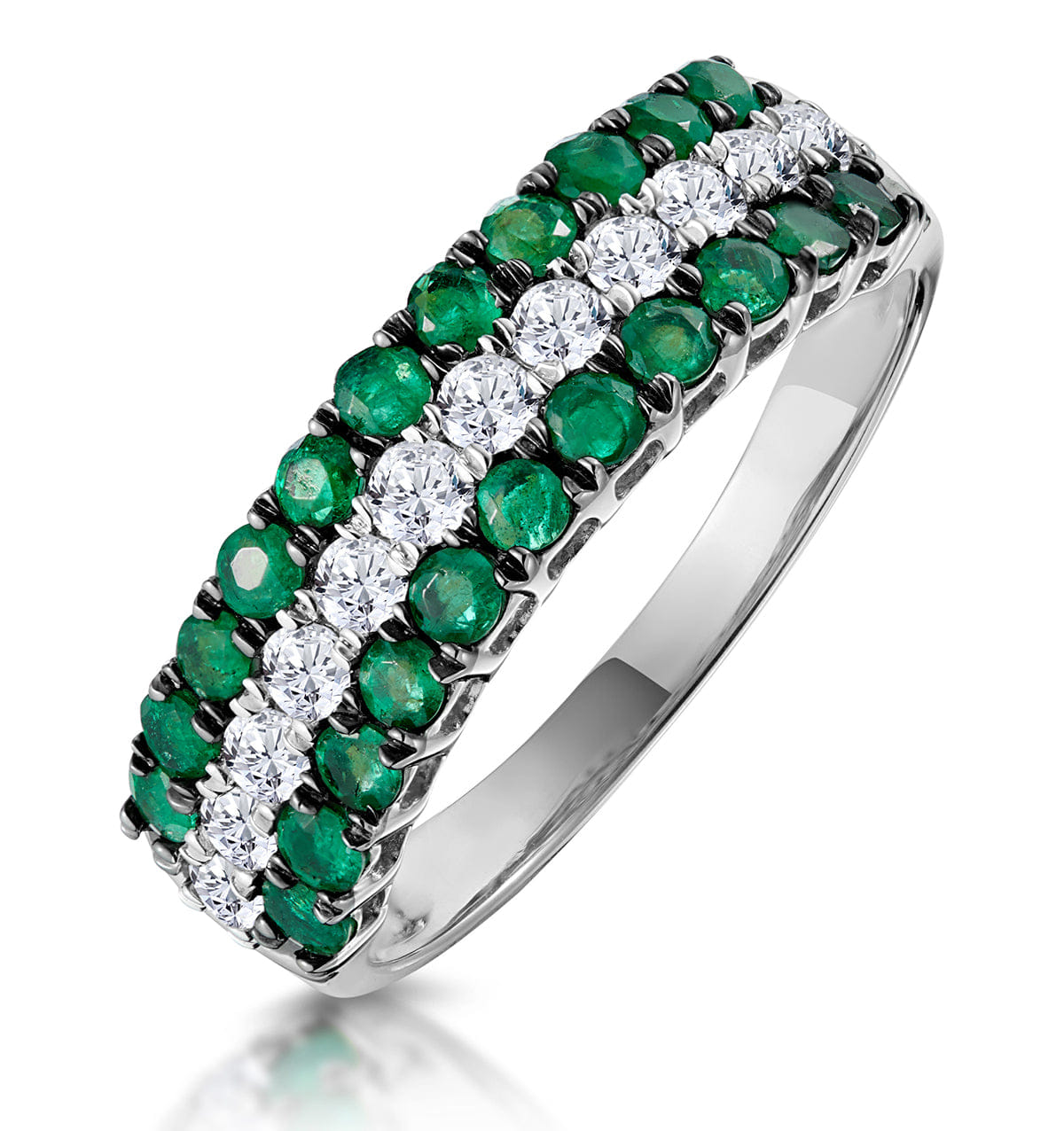 Diamond Emerald and Diamond Triple Row Asteria Eternity Ring in 18K W Gold