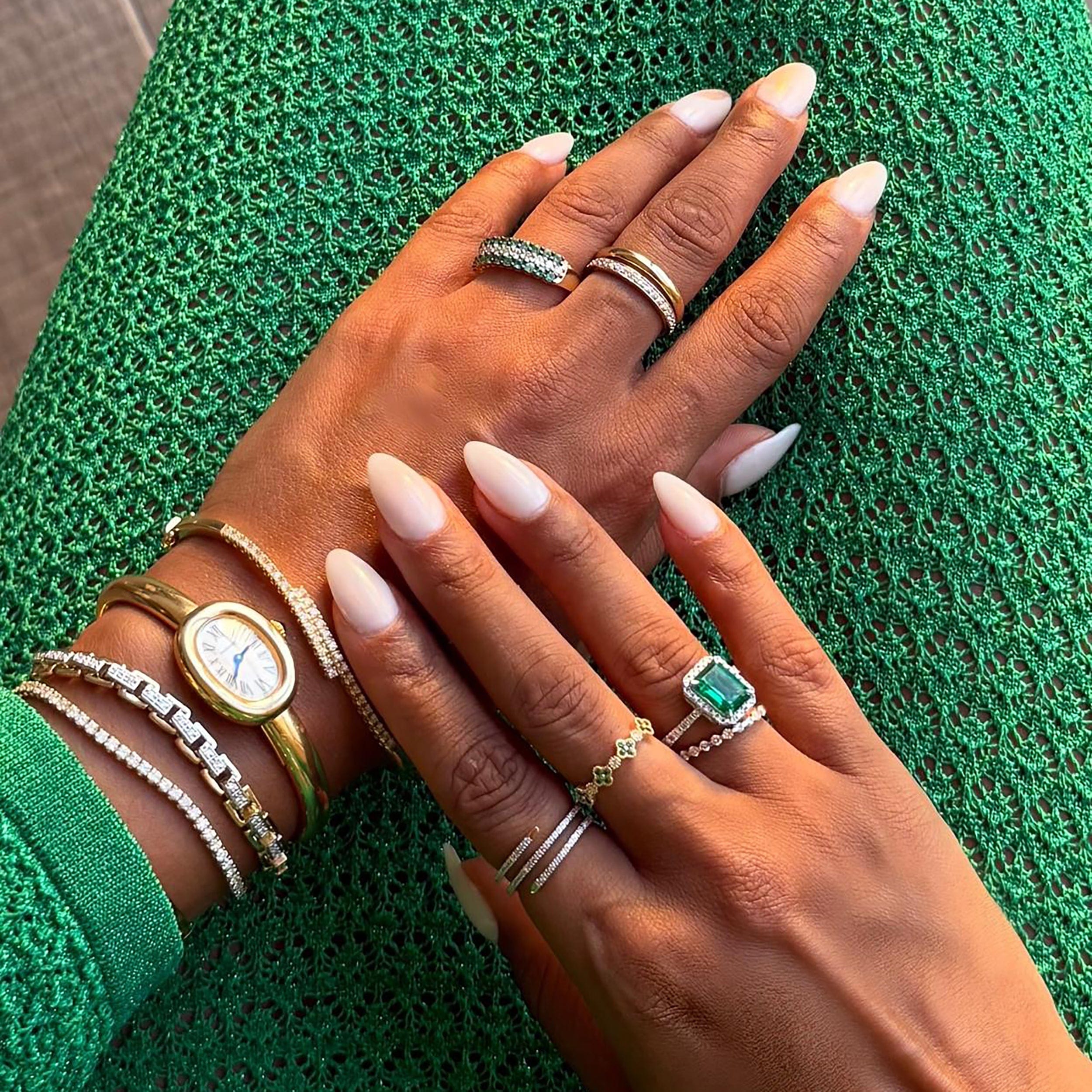Diamond Emerald and Diamond Triple Row Asteria Eternity Ring in 18K W Gold