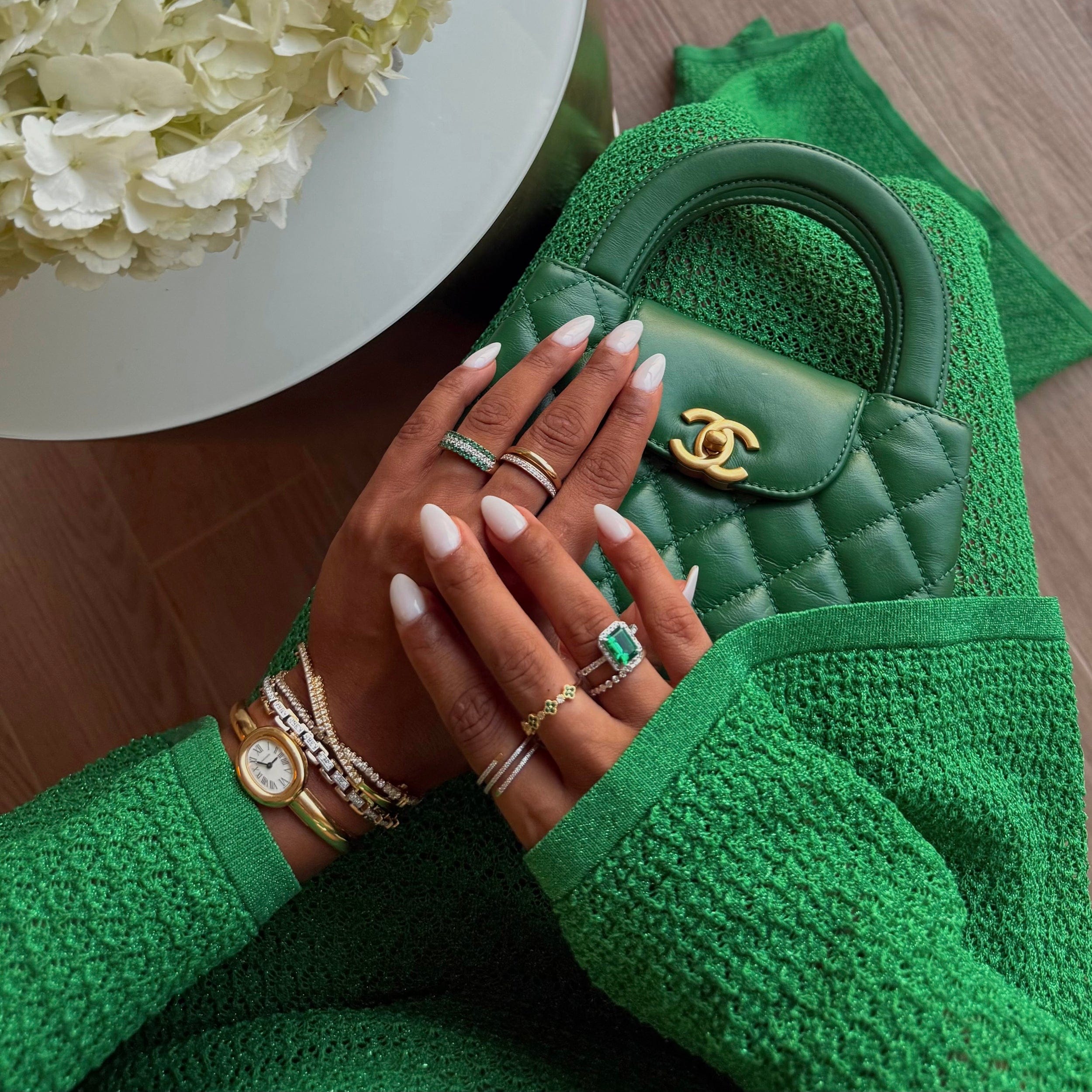 Diamond Emerald and Diamond Triple Row Asteria Eternity Ring in 18K W Gold