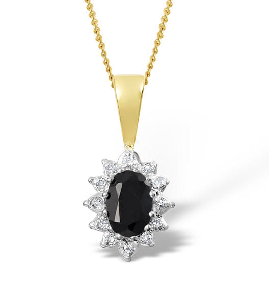 Diamond Sapphire 6 x 4 mm And Diamond 9K Yellow Gold Pendant Necklace