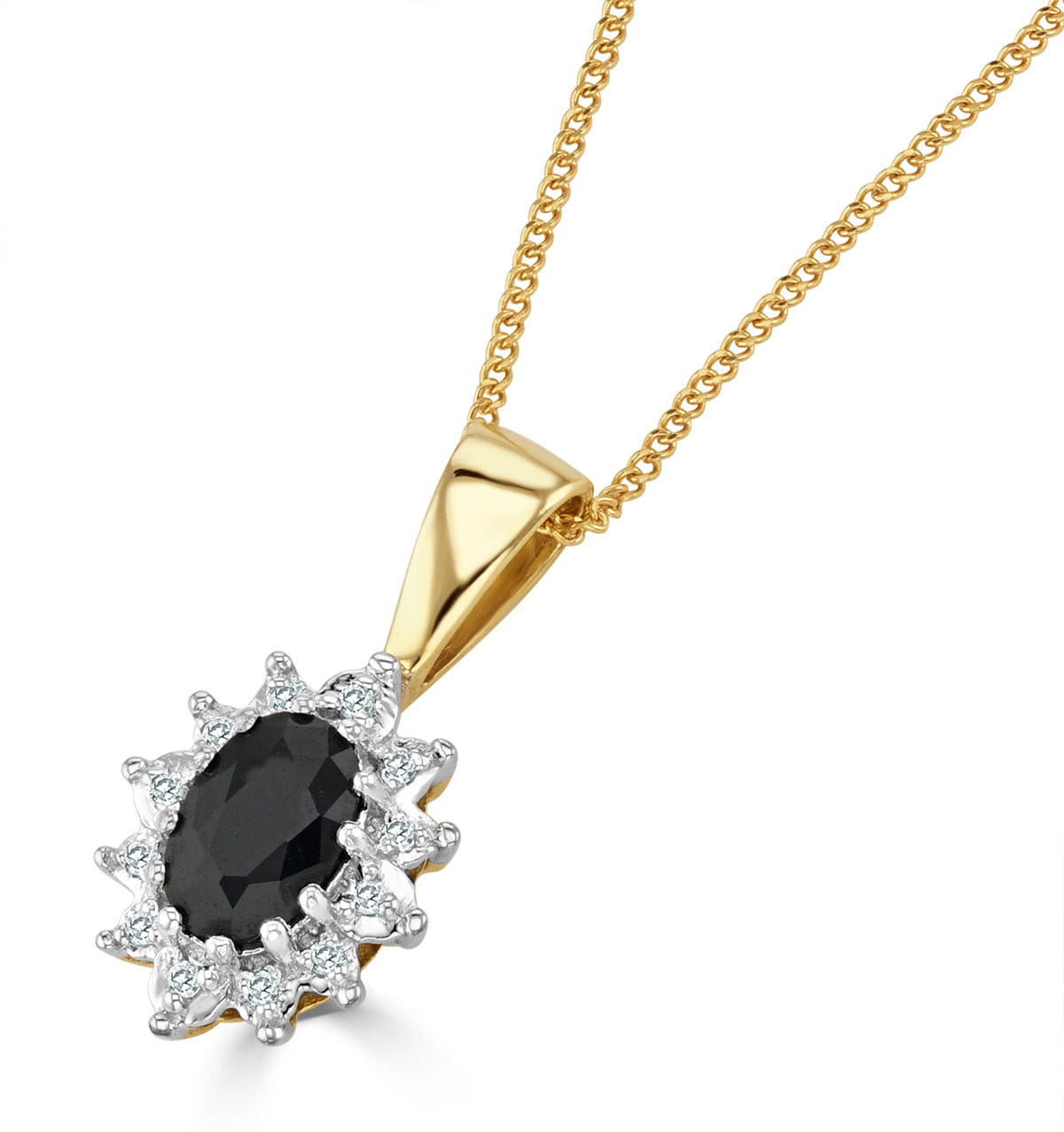 Diamond Sapphire 6 x 4 mm And Diamond 9K Yellow Gold Pendant Necklace