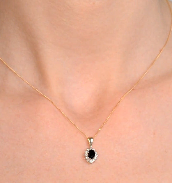 Diamond Sapphire 6 x 4 mm And Diamond 9K Yellow Gold Pendant Necklace