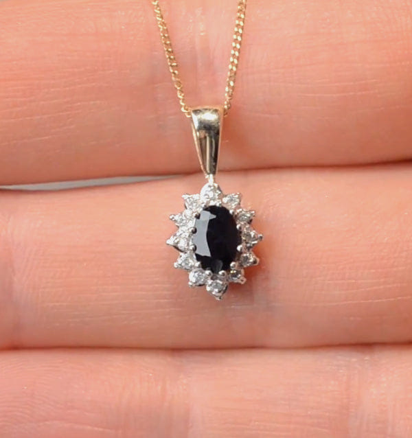 Diamond Sapphire 6 x 4 mm And Diamond 9K Yellow Gold Pendant Necklace