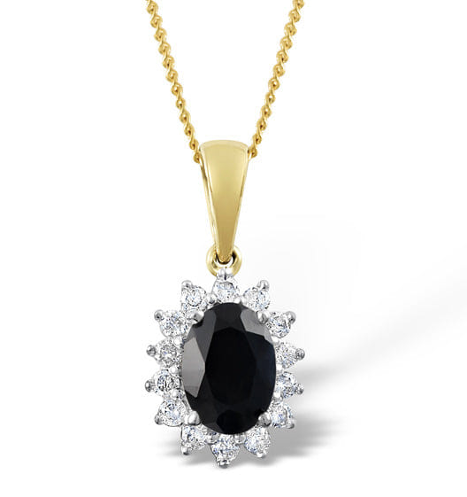 Diamond Sapphire 7 x 5 mm And Diamond 9K Gold Pendant Necklace