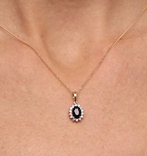 Diamond Sapphire 7 x 5 mm And Diamond 9K Gold Pendant Necklace