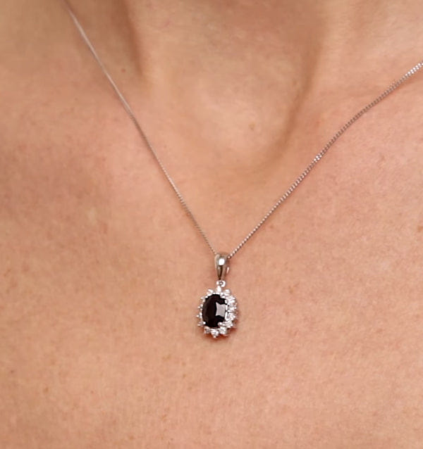 Diamond Sapphire 7 x 5 mm And Diamond 9K White Gold Pendant Necklace