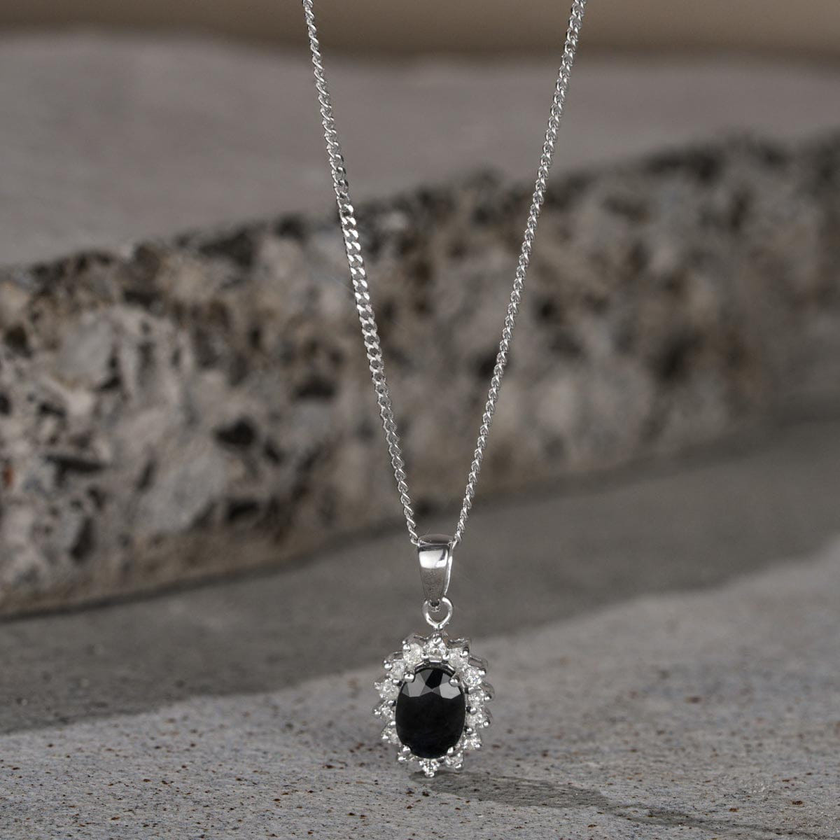 Diamond Sapphire 7 x 5 mm And Diamond 9K White Gold Pendant Necklace