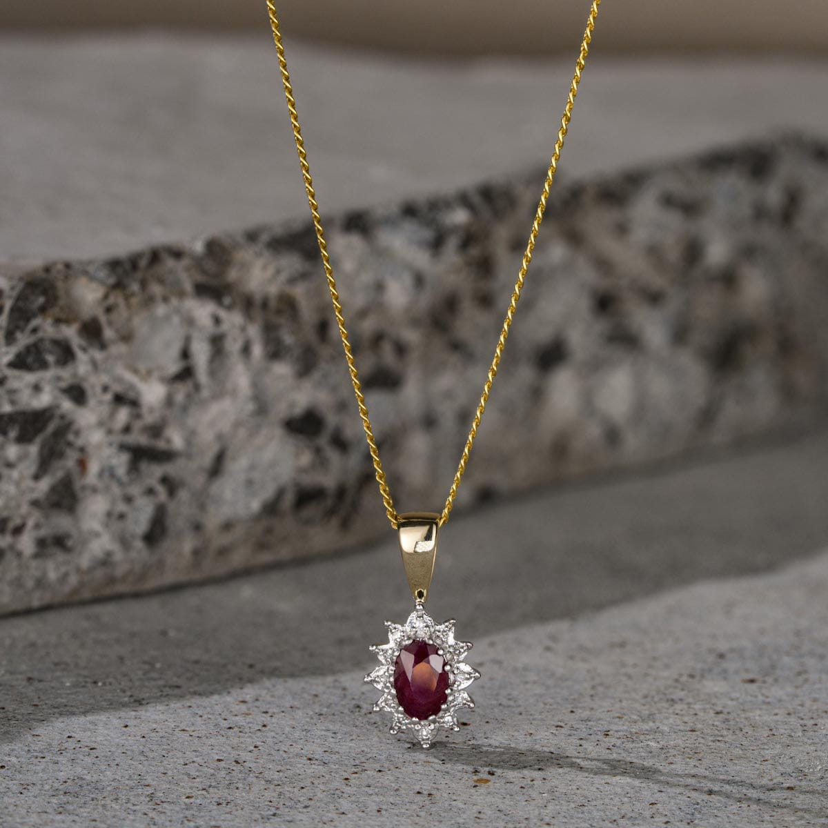 Diamond Ruby 6 x 4 mm And Diamond 9K Yellow Gold Pendant Necklace