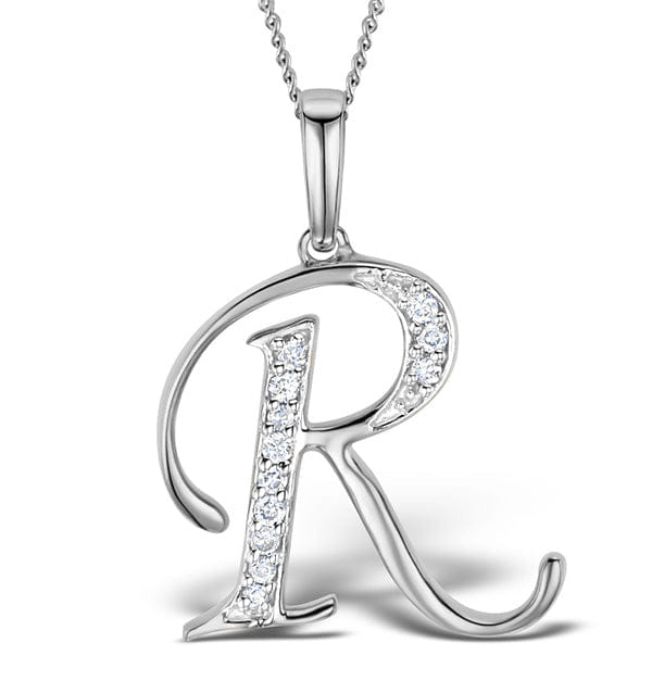 Diamond 9K White Gold Diamond Initial R Necklace 0.05ct