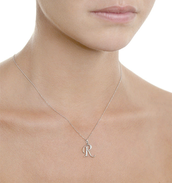 Diamond 9K White Gold Diamond Initial R Necklace 0.05ct
