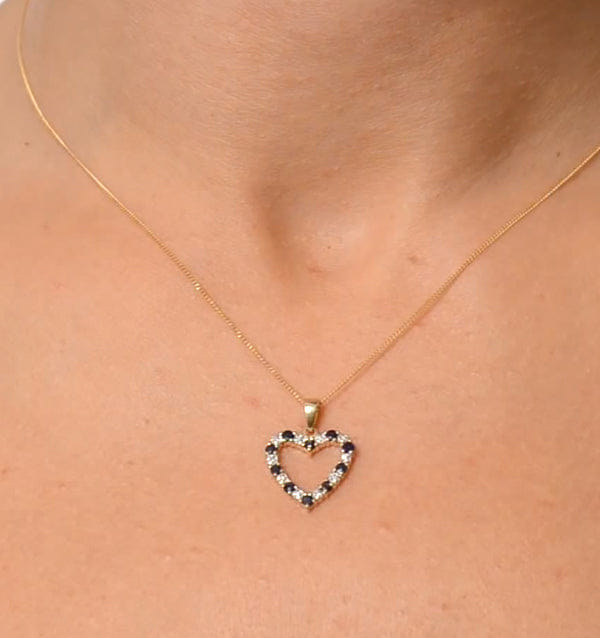 Diamond Sapphire And 0.03CT Diamond Heart Pendant Necklace 9K Yellow Gold