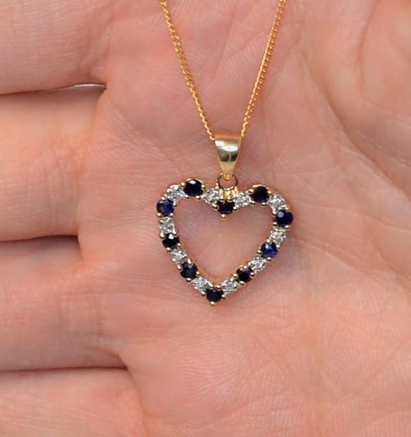 Diamond Sapphire And 0.03CT Diamond Heart Pendant Necklace 9K Yellow Gold