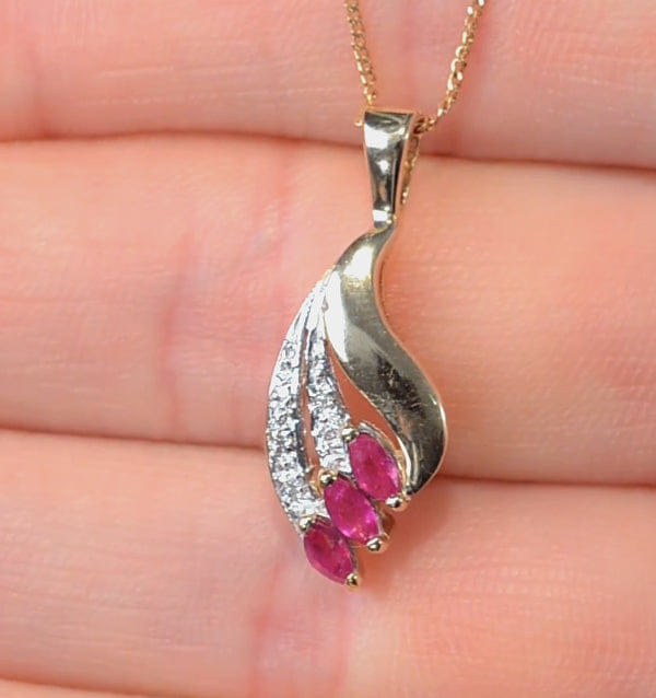 Diamond Ruby 4 x 2 mm And Diamond 9K Yellow Gold Pendant Necklace