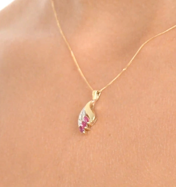 Diamond Ruby 4 x 2 mm And Diamond 9K Yellow Gold Pendant Necklace