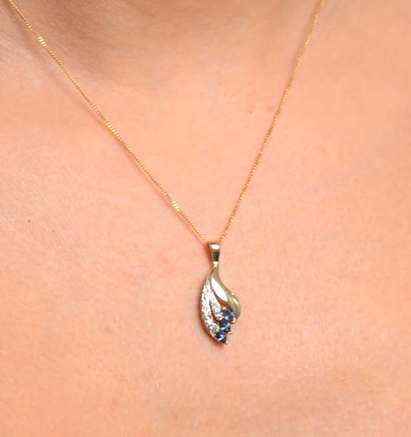 Diamond Sapphire 4 x 2 mm And Diamond 9K Yellow Gold Pendant Necklace
