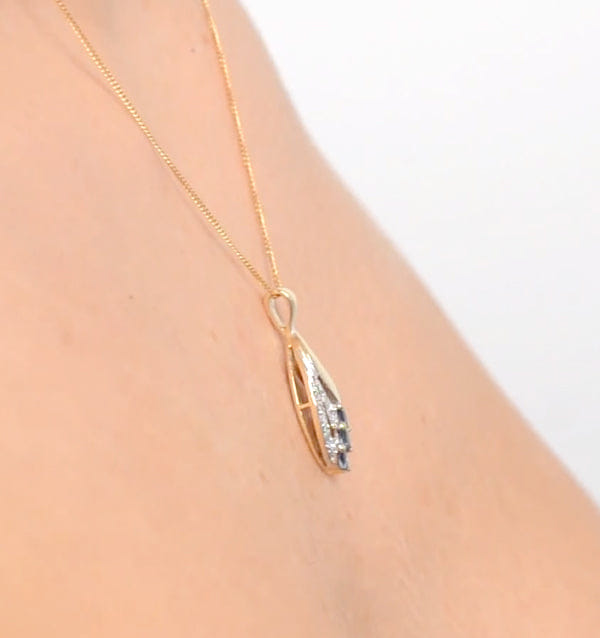 Diamond Sapphire 4 x 2 mm And Diamond 9K Yellow Gold Pendant Necklace