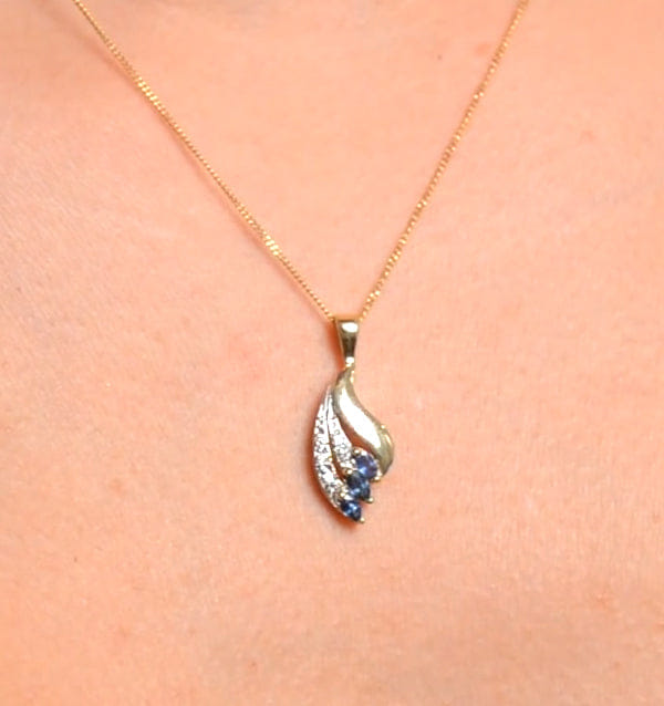 Diamond Sapphire 4 x 2 mm And Diamond 9K Yellow Gold Pendant Necklace