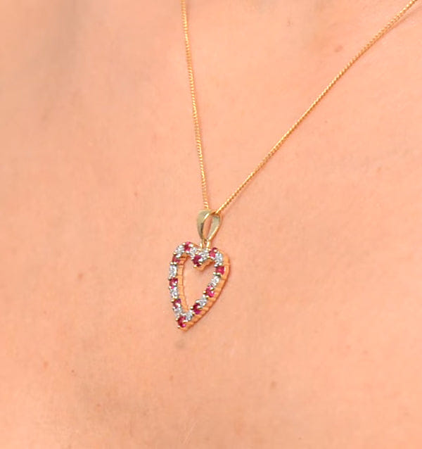 Diamond Ruby 0.68CT And Diamond 9K Yellow Gold Heart Pendant Necklace