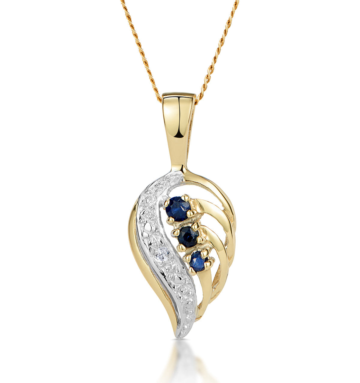 Diamond Sapphire 9 x 14 mm And Diamond 9K Yellow Gold Pendant Necklace
