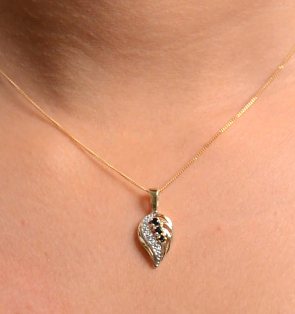 Diamond Sapphire 9 x 14 mm And Diamond 9K Yellow Gold Pendant Necklace